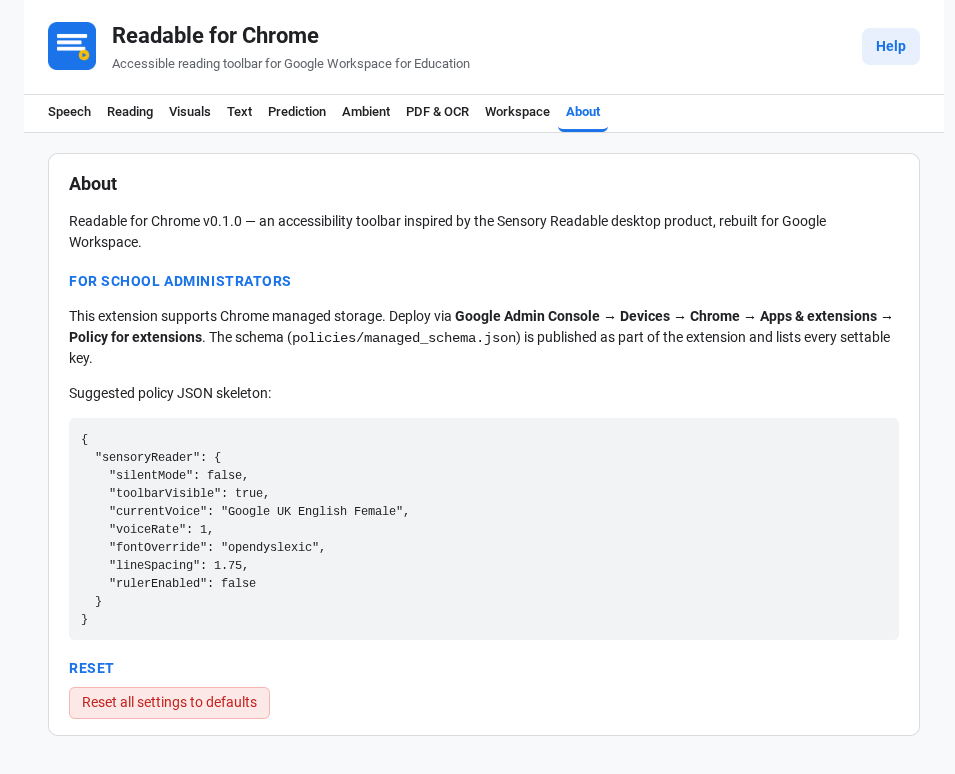 The Settings About tab showing the version, managed-policy JSON example, and reset button