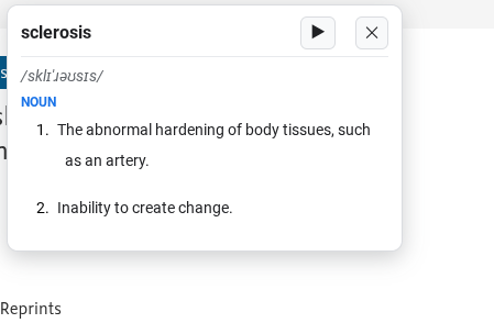The dictionary popup showing the word sclerosis with phonetic pronunciation, part of speech and definitions