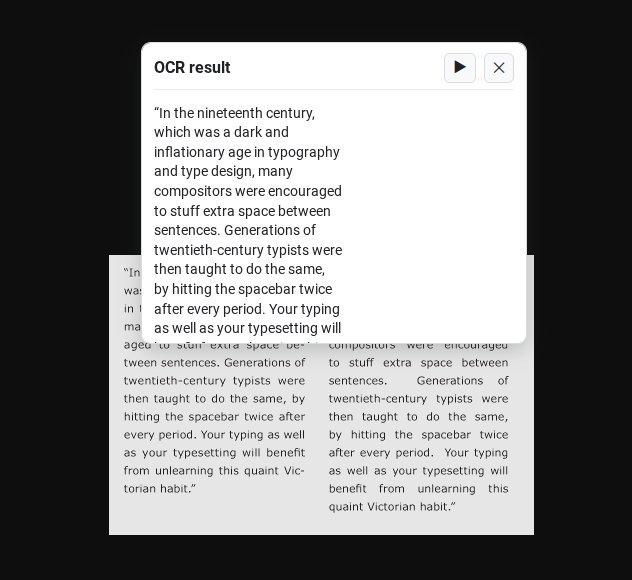 The OCR result popup showing recognised text from a captured region, with a play button to read it aloud