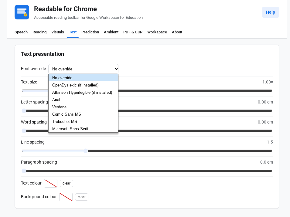 The Settings Text tab with the font dropdown open showing OpenDyslexic, Atkinson Hyperlegible and other fonts
