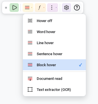 The hover/read mode dropdown showing all options including Word, Line, Sentence, Block, Document read, and Text extractor (OCR)